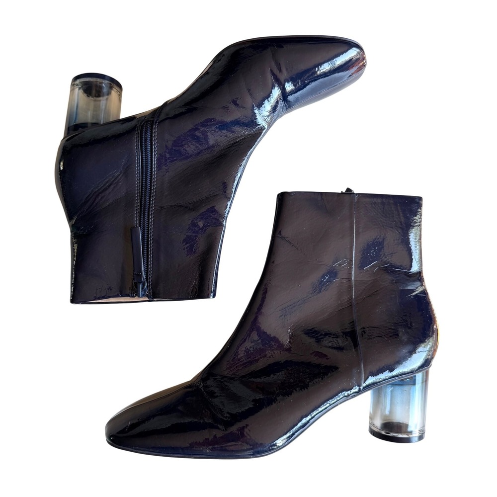 Zara Navy Blue Patent Ankle Boots Square Toe Clear Block Heel ‎ Cybercore  10 41